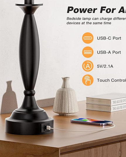 Beige Lamps for Bedrooms Set of 2 - Touch Control Bedside Lamp with USB C+A, 3 Way Dimmable Nightstand Lamps with USB Port, Table Lamp for Living Room(Beige Shade and Black Base) - LeafyLoom
