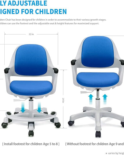 Kids Desk Chair: Ergonomic Kids Computer Chair | Adjustable Kids Office Chair with Wheels & Arms | Study Chair for Girls and Boys - Kids Chair Desk with Wheel Covers (Ocean Blue) - LeafyLoom