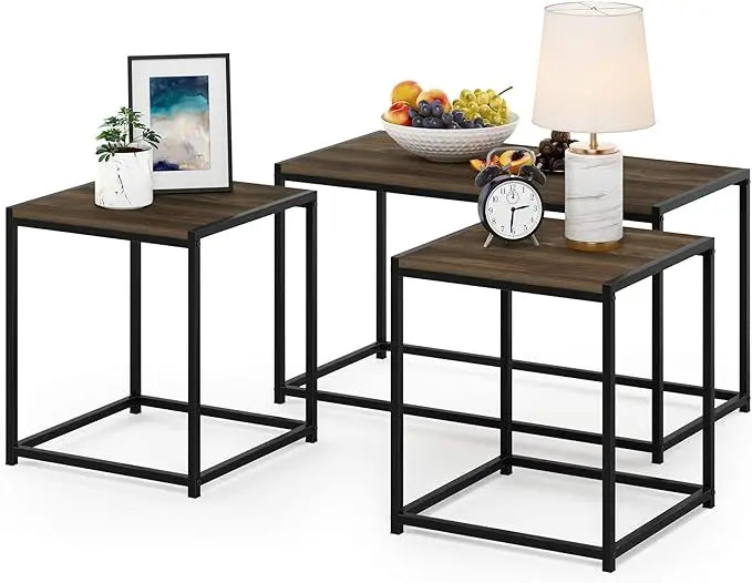 Furinno Camus Modern Living Room Coffee Table with 2 End Tables Set, Columbia Walnut - LeafyLoom