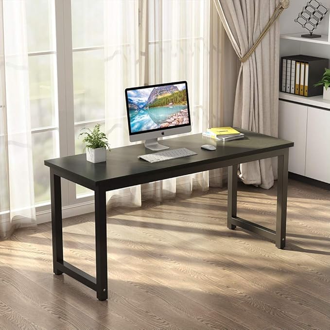 Tribesigns Modern Computer Desk, 63 inch Large Office Desk Computer Table Study Writing Desk Workstation for Home Office, Black Metal Frame - LeafyLoom