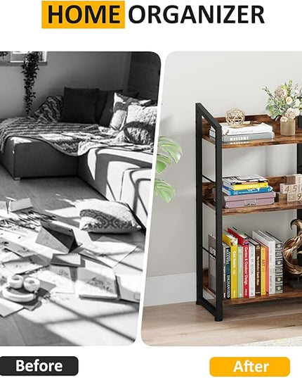 3 Tier Bookshelf: Small Modern Industrial Bookshelves for Bedroom, Short Bookcase Book Shelf for Small Spaces (Rustic Brown) - LeafyLoom