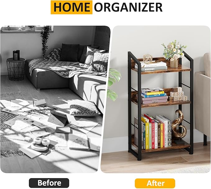 3 Tier Bookshelf: Small Modern Industrial Bookshelves for Bedroom, Short Bookcase Book Shelf for Small Spaces (Rustic Brown) - LeafyLoom