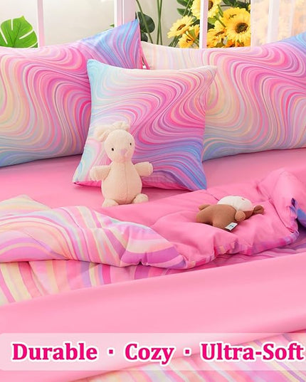 Girls Full Bedding Sets, 6 Pcs Pink Full Szie Comforter Set with Sheets, Tie Dye Superior Blue Pink Rainbow Bedding Set for Girls Kids - LeafyLoom