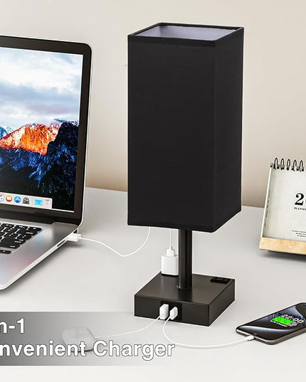 Touch Bedside Table Lamp For Nightstand - 3-Way Dimmable Night Lamp with USB A + Type C Charging Ports and two AC Outlets, Small Desk Light with E26 LED Bulb for Bedroom Living Room Dorm Office,BLACK - LeafyLoom