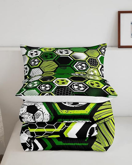 Erosebridal Boys Football Comforter Set Full Soccer Sports Bedding Set Twin for Kids Teen,Geometric Honeycomb Down Comforter Hexagon Beehive Quilt Duvet Duvet Insert Green Black White 2 Pillow Cases - LeafyLoom