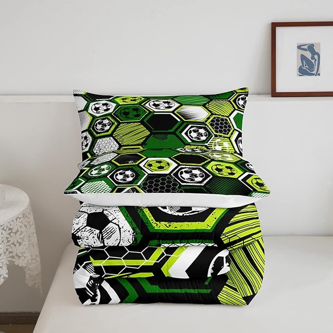 Erosebridal Boys Football Comforter Set Full Soccer Sports Bedding Set Twin for Kids Teen,Geometric Honeycomb Down Comforter Hexagon Beehive Quilt Duvet Duvet Insert Green Black White 2 Pillow Cases - LeafyLoom