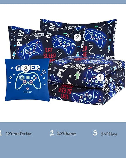 KALEIDOSPACE Kids Comforter Set Full Size for Boys, Glow in The Dark Gamer Bedding Set Full-1 Full Comforter, 1 Decor Pillow, 2 Pillow Shams - LeafyLoom