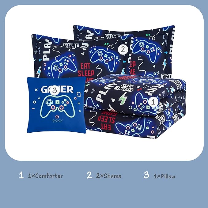 KALEIDOSPACE Kids Comforter Set Full Size for Boys, Glow in The Dark Gamer Bedding Set Full-1 Full Comforter, 1 Decor Pillow, 2 Pillow Shams - LeafyLoom