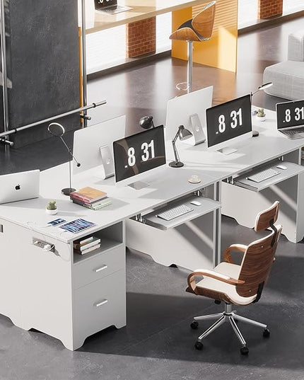 Reversible Computer Desk with File Drawers, 55 Inch Office Desk with RGB LED Light and Power Outlet, Sturdy Writing Desk with Keyboard Tray, Modern Study Table for Workstation Bedroom, White - LeafyLoom