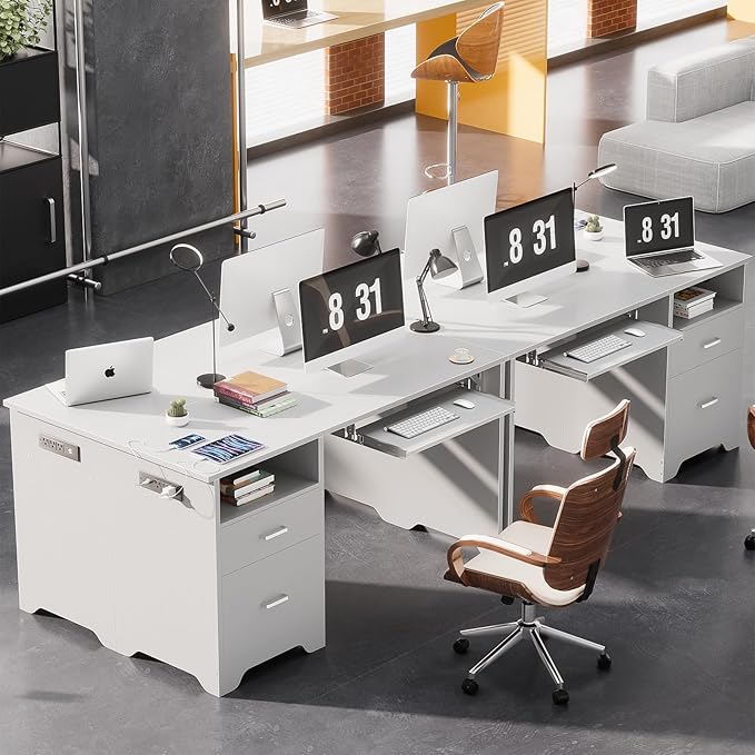 Reversible Computer Desk with File Drawers, 55 Inch Office Desk with RGB LED Light and Power Outlet, Sturdy Writing Desk with Keyboard Tray, Modern Study Table for Workstation Bedroom, White - LeafyLoom