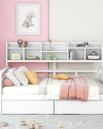 Full Size Daybed with Bedside Shelf and Two Drawers,Multifunctional Storage Solid Wood Bed,W/Wooden Slat Support,No Box Spring Needed,for Bedroom,Living Room,Apartment,White - LeafyLoom