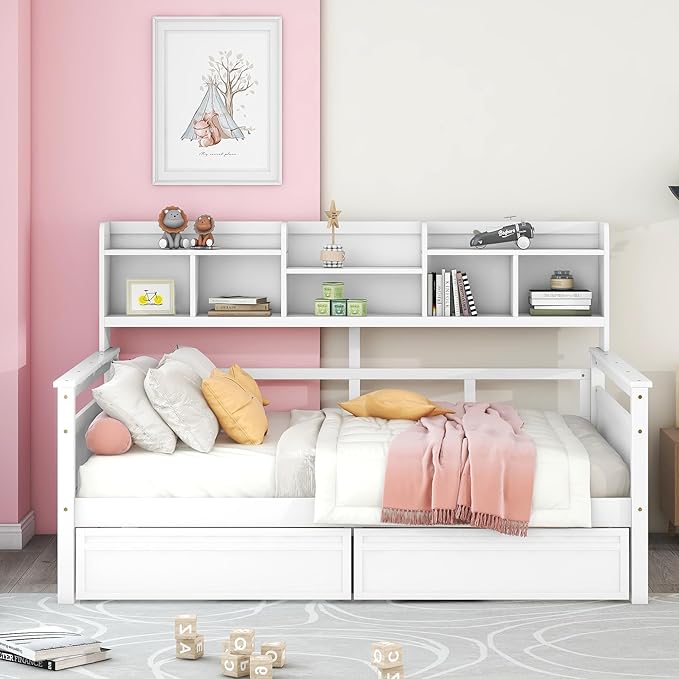 Full Size Daybed with Bedside Shelf and Two Drawers,Multifunctional Storage Solid Wood Bed,W/Wooden Slat Support,No Box Spring Needed,for Bedroom,Living Room,Apartment,White - LeafyLoom