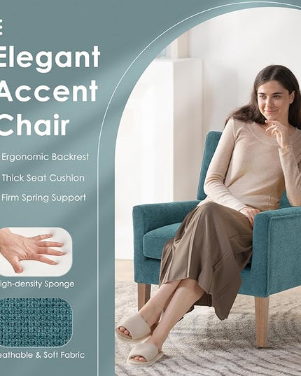 COLAMY Modern Wingback Living Room Chair, Upholstered Fabric Accent Armchair, Single Sofa chair with Lounge Seat and Wood Legs for Bedroom/Office/Reading Spaces, Teal - LeafyLoom
