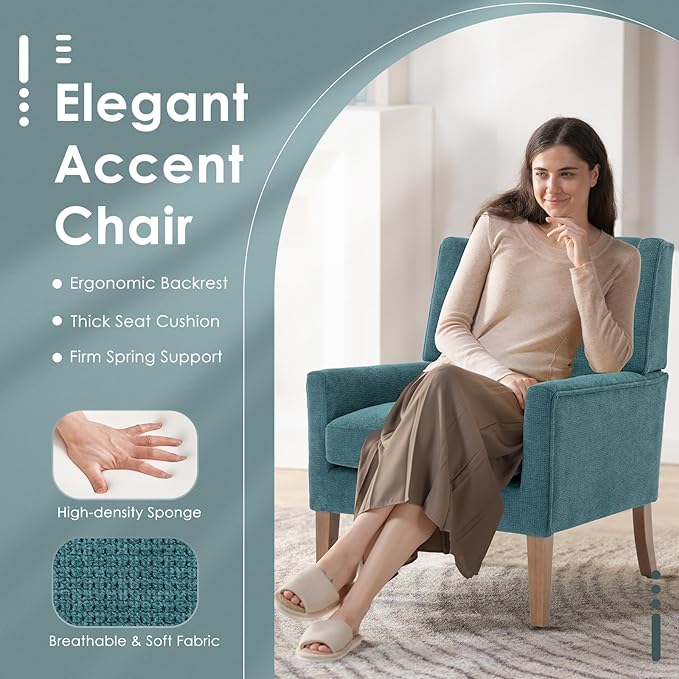 COLAMY Modern Wingback Living Room Chair, Upholstered Fabric Accent Armchair, Single Sofa chair with Lounge Seat and Wood Legs for Bedroom/Office/Reading Spaces, Teal - LeafyLoom