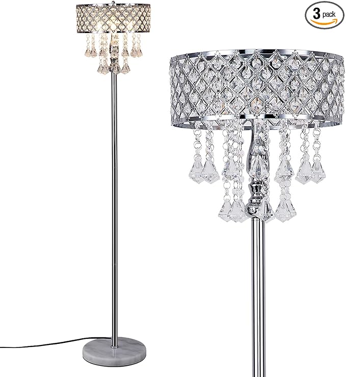 Hsyile KU300256 Mini European Crystal Floor Lamp for Living Room,Bedroom,Office,Chrome Finish,3 Lights - LeafyLoom