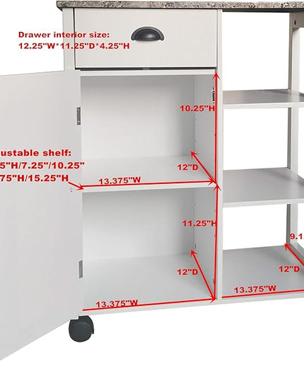 King's Brand White Finish Wood & Marble Vinyl Top Kitchen Storage Cabinet Cart - LeafyLoom