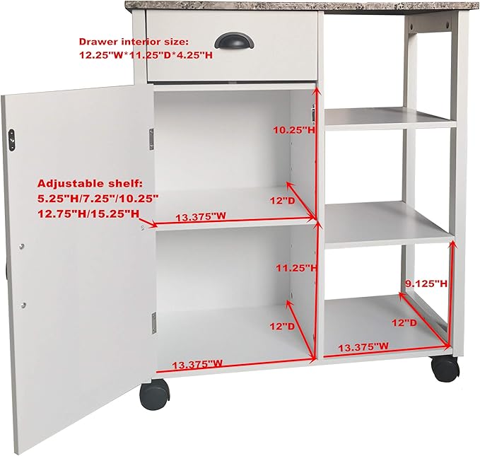 King's Brand White Finish Wood & Marble Vinyl Top Kitchen Storage Cabinet Cart - LeafyLoom