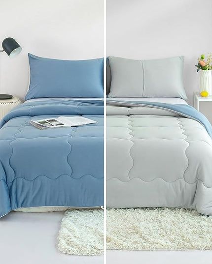 COTTEBED Blue and Grey KING Sized Bed Down Comforters Set, Jersey Knit Milk Cup Dual-Sided Reversible Softness Breathable Lightweight California King Bedding Alternative Quilt & Pillowsham All Seasons - LeafyLoom