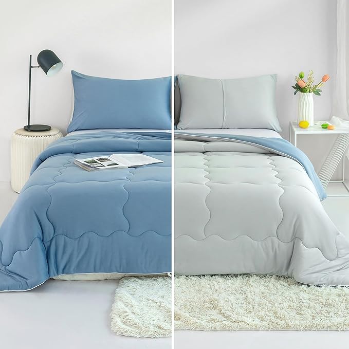 COTTEBED Blue and Grey KING Sized Bed Down Comforters Set, Jersey Knit Milk Cup Dual-Sided Reversible Softness Breathable Lightweight California King Bedding Alternative Quilt & Pillowsham All Seasons - LeafyLoom