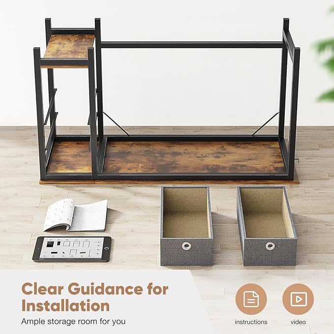 Sweetcrispy Small Computer Desk with Drawers 40 Inch Office Writing Work Kids Study 2-Tier Wood Corner Table with Storage Drawers Shelf for Bedroom Home Office - Rustic Brown - LeafyLoom