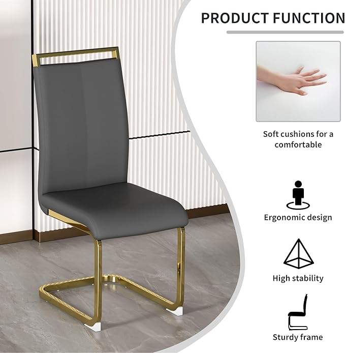 Modern Dining Chairs Set of 2, Side Dining Room Chairs with Gold Frame, Kitchen Chairs with Faux Leather Padded Seat High Back, Chairs for Dining Room, Kitchen, Living Room Dark Grey - LeafyLoom