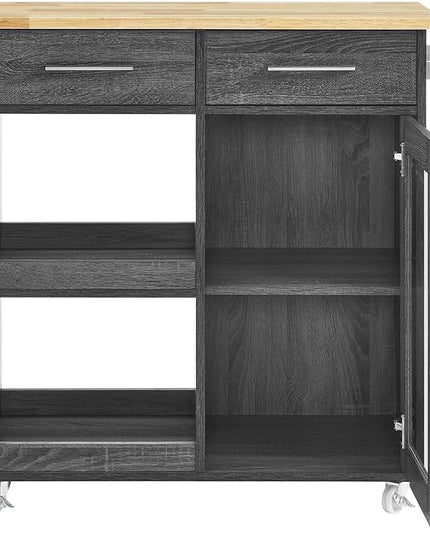 Modway Culinary Rolling Kitchen Cart with Storage in Charcoal Natural - 3 Tiers Kitchen Island on Wheels with Towel Bar, Functional as a Coffee Station, Bar Cabinet or Butcher Block Island - LeafyLoom