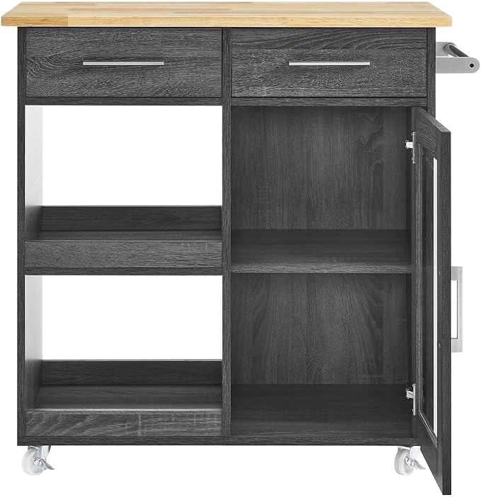 Modway Culinary Rolling Kitchen Cart with Storage in Charcoal Natural - 3 Tiers Kitchen Island on Wheels with Towel Bar, Functional as a Coffee Station, Bar Cabinet or Butcher Block Island - LeafyLoom
