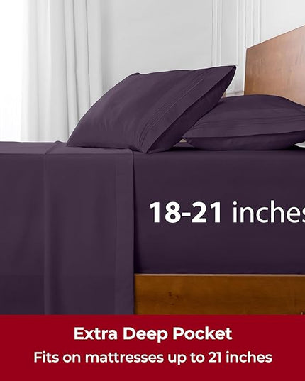 Mellanni Extra Deep Twin Sheets - 3 PC Iconic Collection Bedding Sheets & Pillowcases - Hotel Luxury, Ultra Soft, Cooling Bed Sheets - Extra Deep Pocket up to 21 inch (Twin, Purple) - LeafyLoom