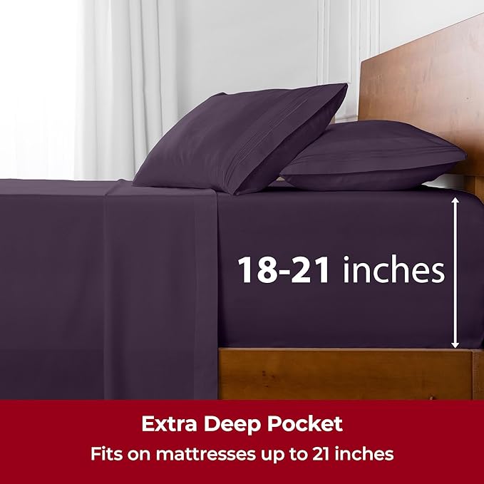 Mellanni Extra Deep Twin Sheets - 3 PC Iconic Collection Bedding Sheets & Pillowcases - Hotel Luxury, Ultra Soft, Cooling Bed Sheets - Extra Deep Pocket up to 21 inch (Twin, Purple) - LeafyLoom