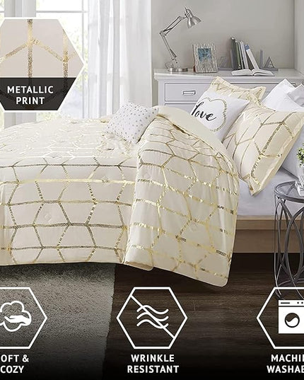 Intelligent Design, Soft Microfiber Comforter Modern Geometric Metallic Bed Set, King/Cal King, Ivory/Gold - LeafyLoom