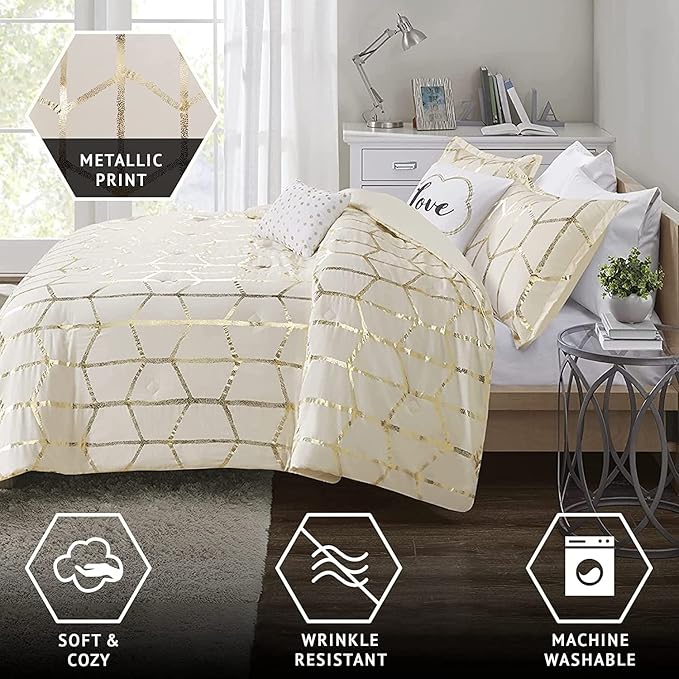 Intelligent Design Raina Full / Queen Comforter Set, Soft Microfiber Comforter Set Queen, Modern Geometric Metallic Bed Set, 5 Pieces College Bedding Comforter Set with 2 Shams, 2 Toss Pillows Ivory - LeafyLoom