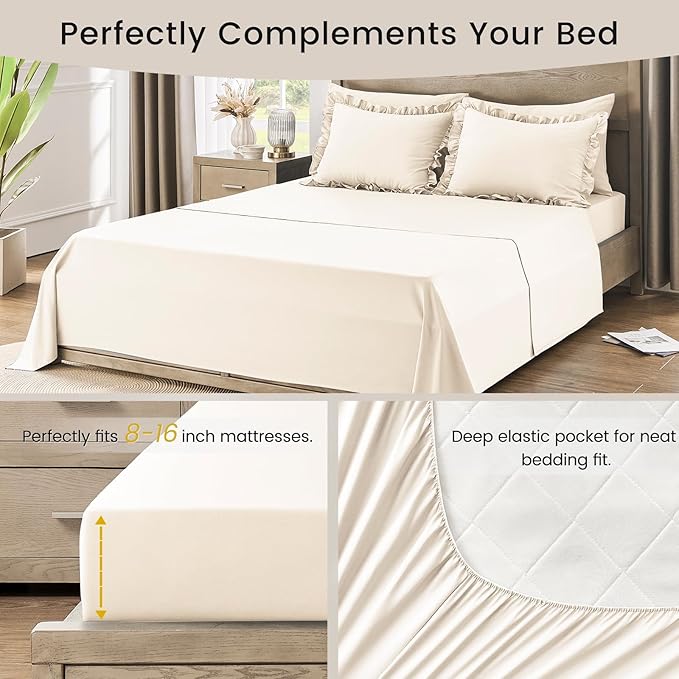 California King Bed in a Bag 7 Pieces Cal King Comforter Set, Ruffle Shabby Chic Bedding Comforter Set Birch Bed Set with Comforter, Pillowcases, Flat Sheet, Fitted Sheet and Pillow Shams - LeafyLoom