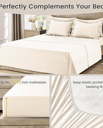 King Size Bed in a Bag 7 Pieces King Size Comforter Set, Ruffle Shabby Chic Bedding Comforter Set Birch Bed Set with Comforter, Pillowcases, Flat Sheet, Fitted Sheet and Pillow Shams - LeafyLoom