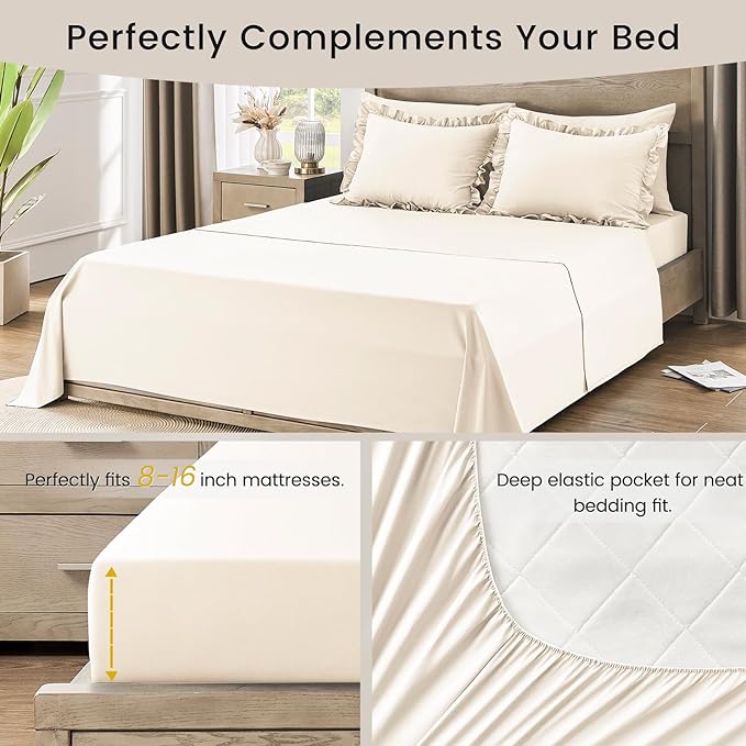 King Size Bed in a Bag 7 Pieces King Size Comforter Set, Ruffle Shabby Chic Bedding Comforter Set Birch Bed Set with Comforter, Pillowcases, Flat Sheet, Fitted Sheet and Pillow Shams - LeafyLoom