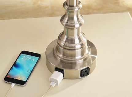 Kenroy Home 30437BS-OOR Spyglass Double Outlet Table Lamp with Brushed Steel Finish, Classic Style, 30.5" Height, 17" Width, 17" Depth - LeafyLoom