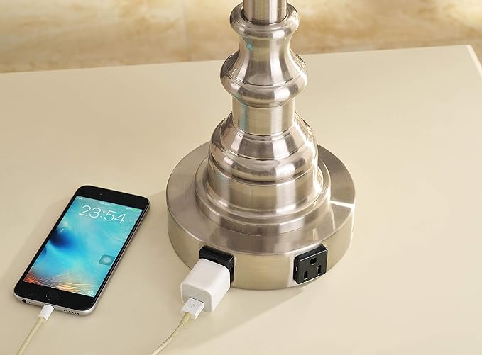 Kenroy Home 30437BS-OOR Spyglass Double Outlet Table Lamp with Brushed Steel Finish, Classic Style, 30.5" Height, 17" Width, 17" Depth - LeafyLoom