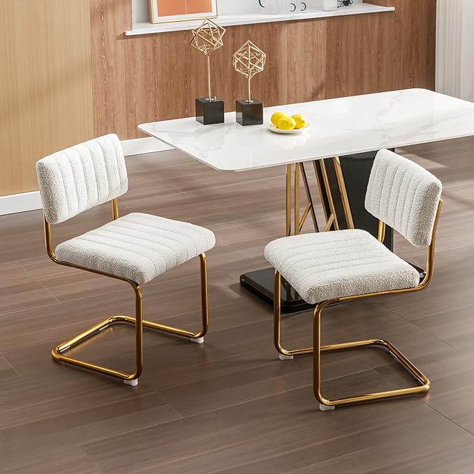 Zesthouse Mid Century Dining Chairs Set of 4, White Boucle Dining Room Chairs with Gold Legs, Upholstered Armless Accent Chairs Side Chairs for Living Room - LeafyLoom
