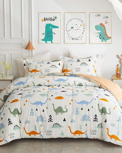 Joyreap 3pcs Cotton Comforter Set for Kids, Dinosaur Twin Size Cotton Bedding Comforter for Boys Girls, White n Orange Reversible Design, Soft n Cozy Comforter for All Season- 68x88 inches - LeafyLoom