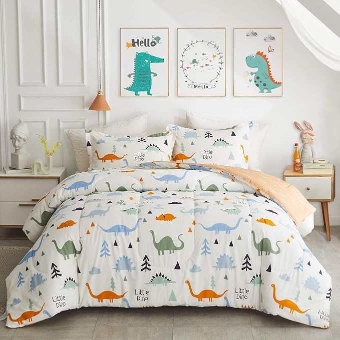 Joyreap 3pcs Cotton Comforter Set for Kids, Dinosaur Twin Size Cotton Bedding Comforter for Boys Girls, White n Orange Reversible Design, Soft n Cozy Comforter for All Season- 68x88 inches - LeafyLoom