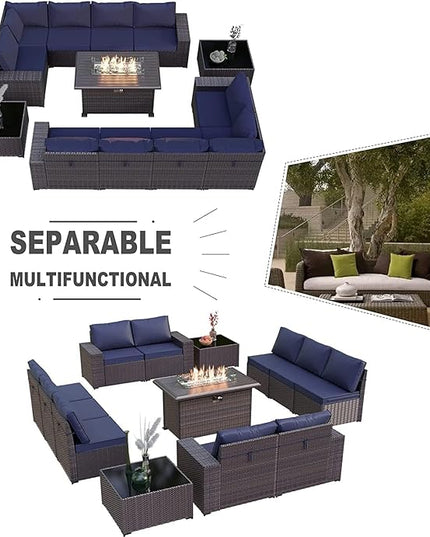 Kullavik 13 Pieces Outdoor Patio Furniture Set with 43" 55000BTU Gas Propane Fire Pit Table PE Wicker Rattan Sectional Sofa Patio Conversation Sets,Navy blue - LeafyLoom