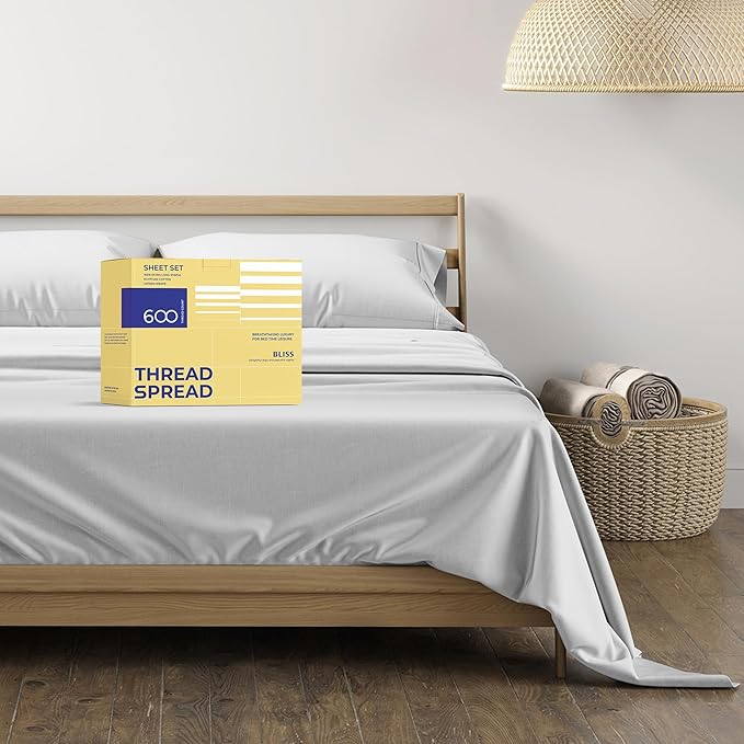 THREAD SPREAD 100% Egyptian Cotton Sheets Full Size - 600 Thread Count Sheets 4 PC 16" Deep Pocket Full Size Sheets Set, High Thread Count Soft Cooling Sateen Weave Hotel Luxury Sheets Set - Silver - LeafyLoom