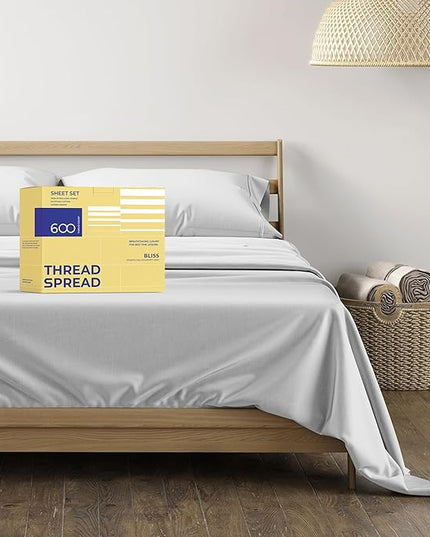 THREAD SPREAD 100% Egyptian Cotton Sheets Twin - 600 Thread Count Sheets Twin, 3 PC Deep Pocket Twin Sheets, Soft, Cooling Sateen Weave Extra Long Twin Sheets for Dorm, 16 in Deep Pocket - Silver - LeafyLoom