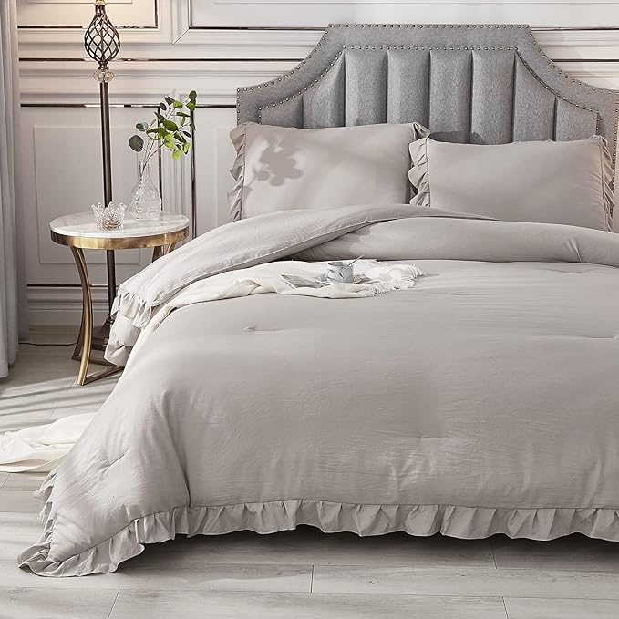Andency California King Comforter Set Wheat (104x96Inch), 3 Pieces Cal King Ruffle Comforter, Oversized Farmhouse Shabby Chic Bed Comforter, Lighteweight and Soft Microfiber Bedding Set - LeafyLoom