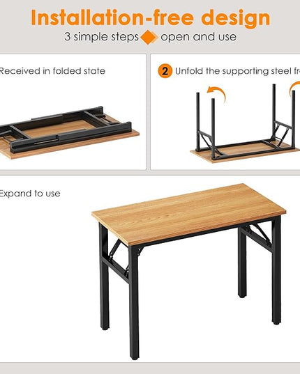 Need Small Computer Desk 31.5 inches Folding Table No Assembly Sturdy Small Writing Desk Folding Desk for Small Spaces, Teak Color Desktop and Black Steel Frame - LeafyLoom