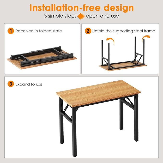 Need Small Computer Desk 31.5 inches Folding Table No Assembly Sturdy Small Writing Desk Folding Desk for Small Spaces, Teak Color Desktop and Black Steel Frame - LeafyLoom