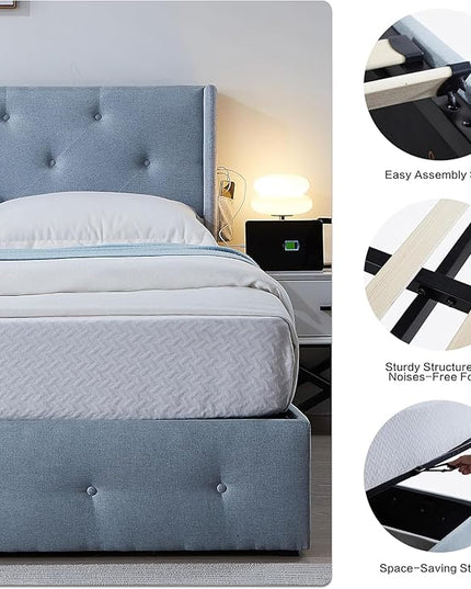 Queen Lift Up Storage Bed Frame, Button Tufted Wingback Headboard with USB Ports,Hydraulic Storage, Wood Slats Support, No Box Spring Needed, Noise-Free - LeafyLoom