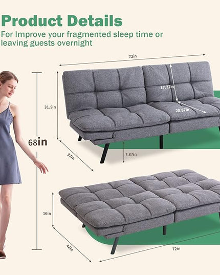 Futon Bed/Couch,Grey Polyester Memory Foam Small Splitback, Easy-Convert Backrests&Armrests,Stain-Resistant Fabric Sofas, 71x33x31.5 - LeafyLoom