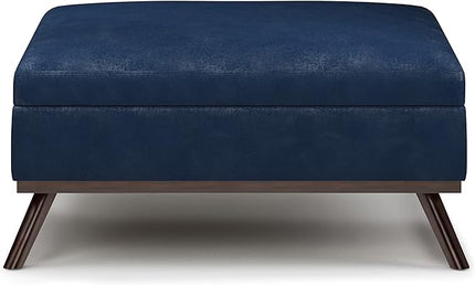 SIMPLIHOME Owen 36 Inch Wide Mid Century Modern Square Coffee Table Lift Top Storage Ottoman in Upholstered Distressed Dark Blue Faux Leather, For the Living Room - LeafyLoom