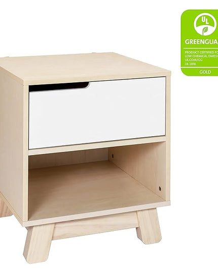 Babyletto Hudson Nightstand with USB Port in Washed Natural and White, 1 Drawer and Storage Cubby - LeafyLoom