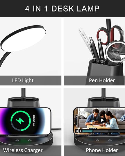 Desk Lamp with Wireless Charger, LED Desk Lamp for Home Office with Pen Holder, Dimmable Eye-Caring Study Desk Light Flexible Arm 3 Color Modes for College Dorm, 800 Lumens CRI 90 - LeafyLoom